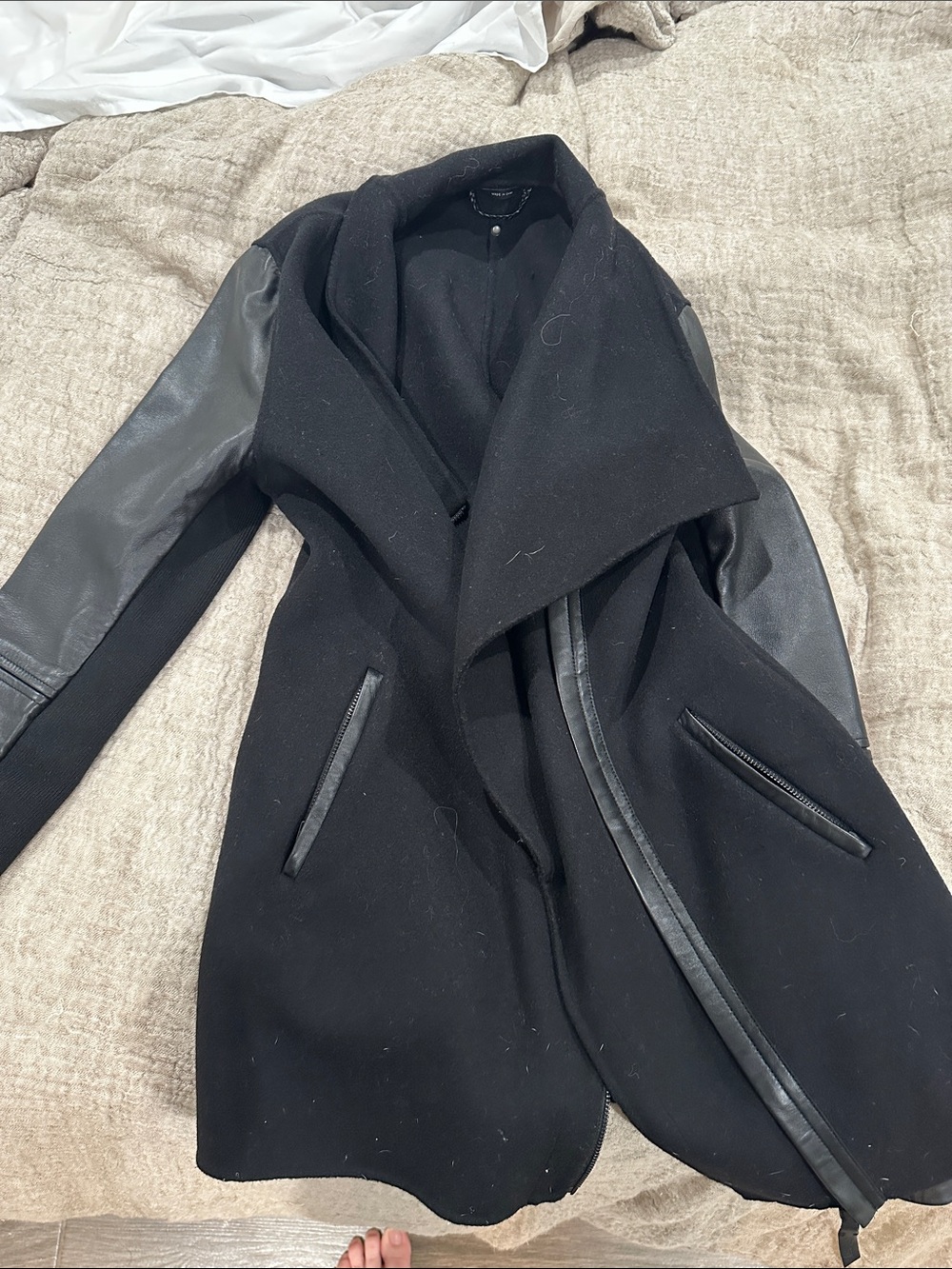 Women's Black Draped Coat with Leather Sleeves